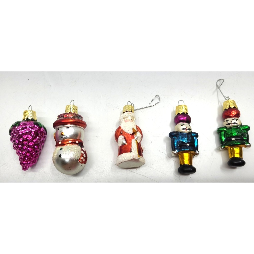 Lot of 5 Very Small Glass Ornaments Grapes‎ Snowman Santa Toy Soldiers